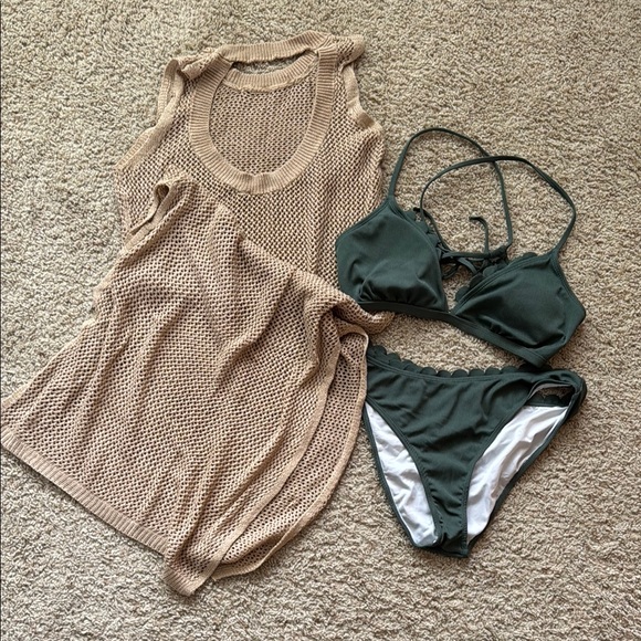 Cupshe Other - Green scalloped Bikini Set with Lace-Up Top and midi coverup